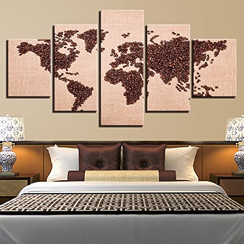 Cuadro artístico en lienzo HD para sala de estar, decoración de la pared del hogar, póster impreso, imágenes, 5 imágenes de mapa del mundo de granos de café A76 S