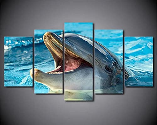 Cuadro en Lienzo Decorativo Para Pared 5 Paneles Pintura Pared Arte Lienzo Impresion 5 Pieza HD Imagen Impresiones Jugando con delfines Pinturas de Obras de Arte Moderno 150X80Cm
