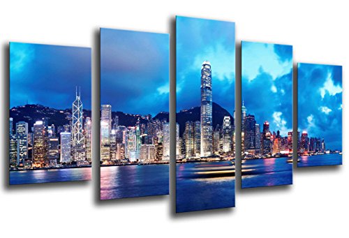 Cuadro Fotográfico Ciudad Hong Kong, Rascacielos Noche Tamaño total: 165 x 62 cm XXL