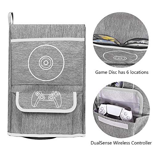 Cubierta Antipolvo para PS5,Funda Protectora para Sony Playstation 5,Antiarañazos a Prueba de Agua,Soporte para PS5,Controladores y 12 Discos de Juegos (Gris)