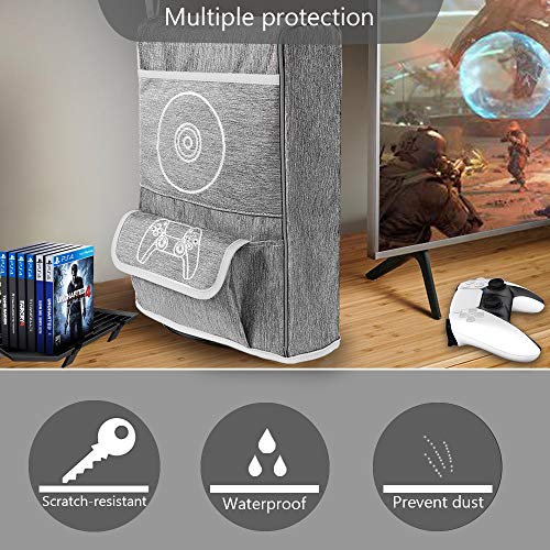 Cubierta Antipolvo para PS5,Funda Protectora para Sony Playstation 5,Antiarañazos a Prueba de Agua,Soporte para PS5,Controladores y 12 Discos de Juegos (Gris)