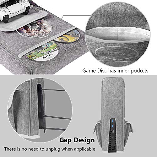 Cubierta Antipolvo para PS5,Funda Protectora para Sony Playstation 5,Antiarañazos a Prueba de Agua,Soporte para PS5,Controladores y 12 Discos de Juegos (Gris)