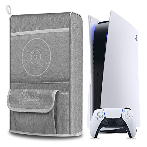 Cubierta Antipolvo para PS5,Funda Protectora para Sony Playstation 5,Antiarañazos a Prueba de Agua,Soporte para PS5,Controladores y 12 Discos de Juegos (Gris)