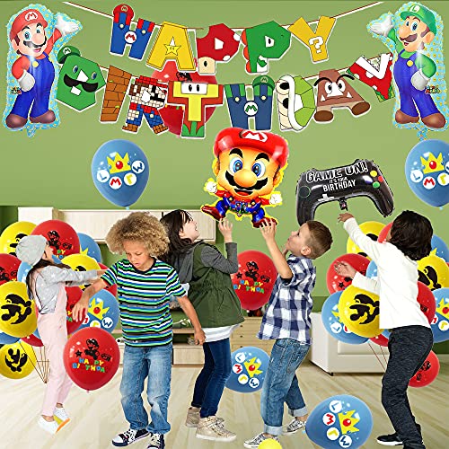 Cumpleaños Globos de Super Mario Banner de Cumpleaños de Super Mario Adornos para Pastel Mario Bros Globos de Aluminio de Mario Bros para Niñas Niños Decoraciones para Fiestas de Cumpleaños