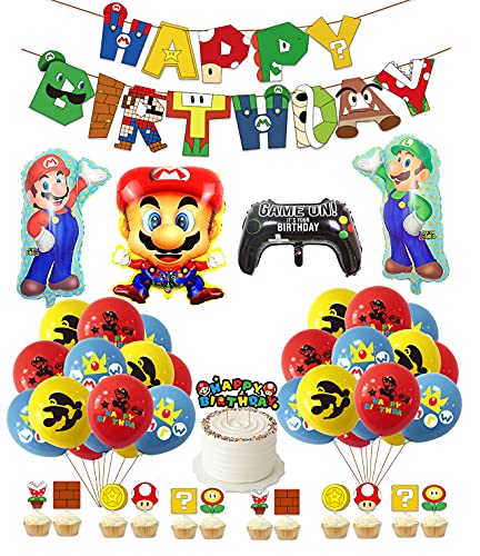 Cumpleaños Globos de Super Mario Banner de Cumpleaños de Super Mario Adornos para Pastel Mario Bros Globos de Aluminio de Mario Bros para Niñas Niños Decoraciones para Fiestas de Cumpleaños