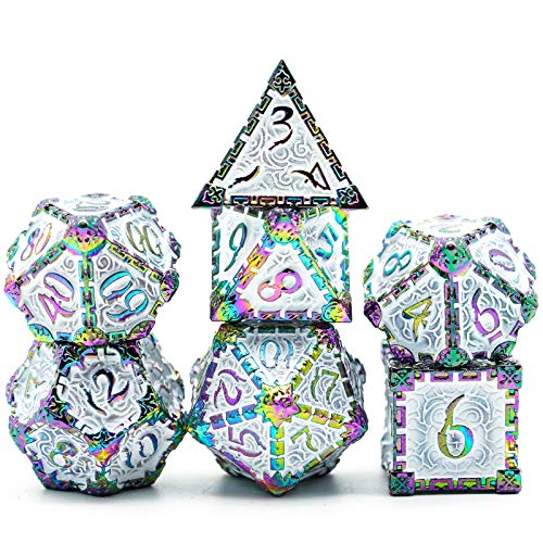 cusdie Dados de metal con caja de metal, 7 piezas de dados de metal DND, diseño de daga Polyedral juego de rol D&D Dice MTG Pathfinder (blanco colorido)