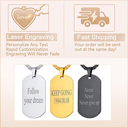 Custom4U Etiqueta Perro Collar Personalizado Hombre Colgante Rectangular Cadena Dudadera 50cm Acero Inoxidable 316L Hombre Mujer Placa Militar