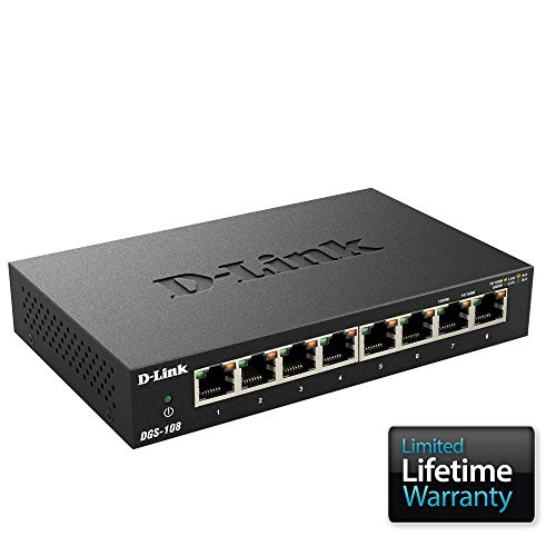 D-Link DGS-108 - Switch de red (8 puertos Gigabit RJ-45, 10/100/1000 Mbps, chasis metálico, IGMP snooping, autosensing, priorización de tráfico QoS 802.1p) color negro