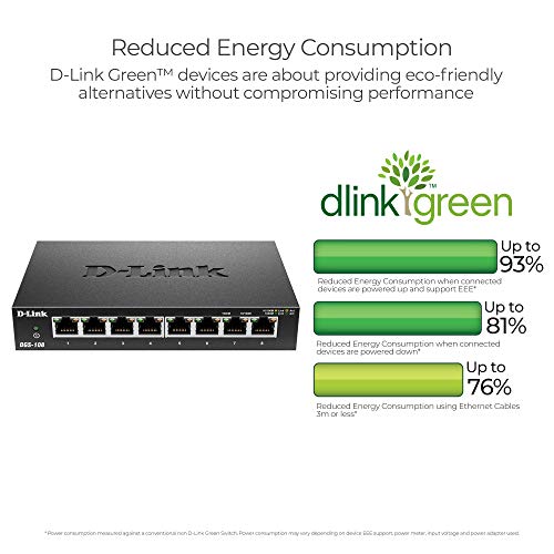 D-Link DGS-108 - Switch de red (8 puertos Gigabit RJ-45, 10/100/1000 Mbps, chasis metálico, IGMP snooping, autosensing, priorización de tráfico QoS 802.1p) color negro