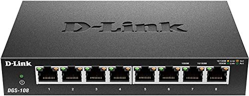 D-Link DGS-108 - Switch de red (8 puertos Gigabit RJ-45, 10/100/1000 Mbps, chasis metálico, IGMP snooping, autosensing, priorización de tráfico QoS 802.1p) color negro