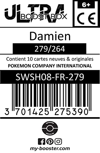 Damien (Sixto) 279/264 Arcoíris Secreta Entrenadore - Myboost X Epée et Bouclier 8 - Poing de Fusion - Box de 10 Cartas Pokémon Francés