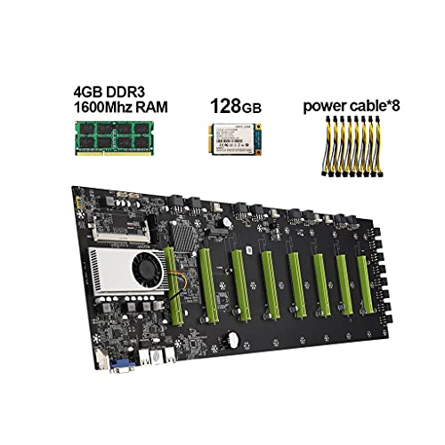 danziqumulaz BTC-D37 Juego de Placa Base para minería Profesional 8 PCI-E 16X Slots 4G DDR3 Sodimm Memory 128G mSATA SSD con Cable de 8 Pines, Placa Base para minería-Negro-A