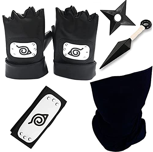 Daohexi Kakashi - Juego de cosplay ninja Konoha Naruto, cinta para la frente y máscara de cacashi, guantes, shuriken de Kunai Ninja de plástico, accesorio para cosplay de Naruto