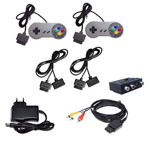 DARLINGTON & Sohns Juego completo de 2 mandos + cable alargador + cable euroconector TV + fuente de alimentación para Nintendo SNES Super Nintendo Cable Set de extensión Gamepad Extansion
