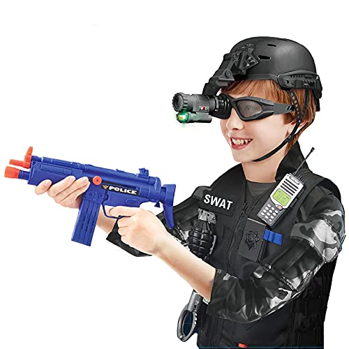 deAO Disfraz de Policía SWAT Juego Infantil de Imitación Conjunto de Uniforme Policial Incluye Casco, Chaleco, Armas de Fuego, Placa más Accesorios y Mochila para Almacenaje