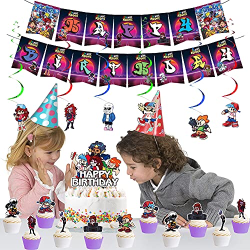 Decoraciones Cumpleaños Set, Friday Night Funkin Party Decoraciones 1 Happy Biethday Banner 1 Tartas Adornos 24 Cupcake Topper para Friday Night Funkin Temática Deco