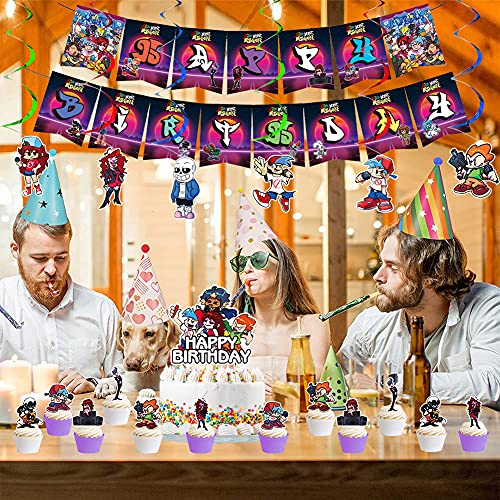 Decoraciones Cumpleaños Set, Friday Night Funkin Party Decoraciones 1 Happy Biethday Banner 1 Tartas Adornos 24 Cupcake Topper para Friday Night Funkin Temática Deco