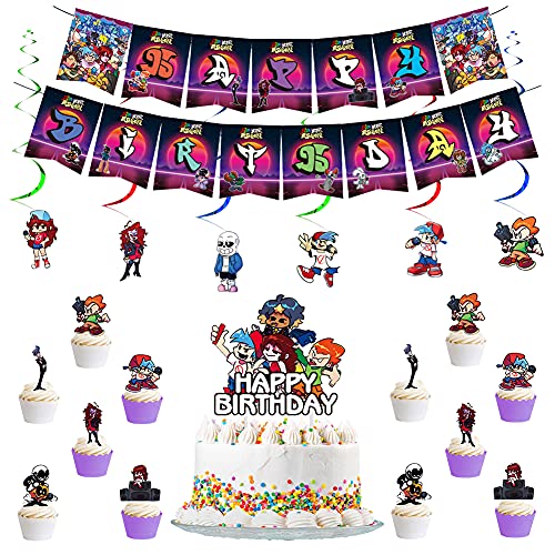 Decoraciones Cumpleaños Set, Friday Night Funkin Party Decoraciones 1 Happy Biethday Banner 1 Tartas Adornos 24 Cupcake Topper para Friday Night Funkin Temática Deco