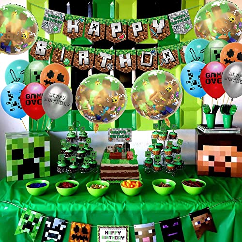Decoraciones de Cumpleaños para Juegos para Niños Látex Globos de Píxeles Videojuegos Pancarta de Cumpleaños Adornos para Tartas para Niños y Hombres