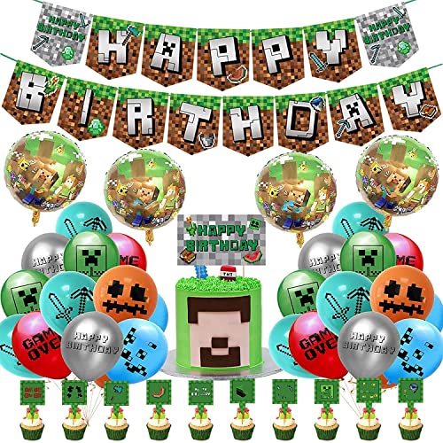 Decoraciones de Cumpleaños para Juegos para Niños Látex Globos de Píxeles Videojuegos Pancarta de Cumpleaños Adornos para Tartas para Niños y Hombres