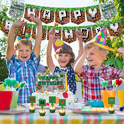 Decoraciones de Cumpleaños para Juegos para Niños Látex Globos de Píxeles Videojuegos Pancarta de Cumpleaños Adornos para Tartas para Niños y Hombres