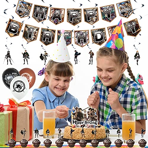 Decoraciones de Fiesta Attack on Titan Theme Party Decoration Set Attack on Titan Game Suministros de Fiesta Incluye Banner de Feliz Cumpleaños Globos Cake Topper para Niños Adolescentes Attack on Tit