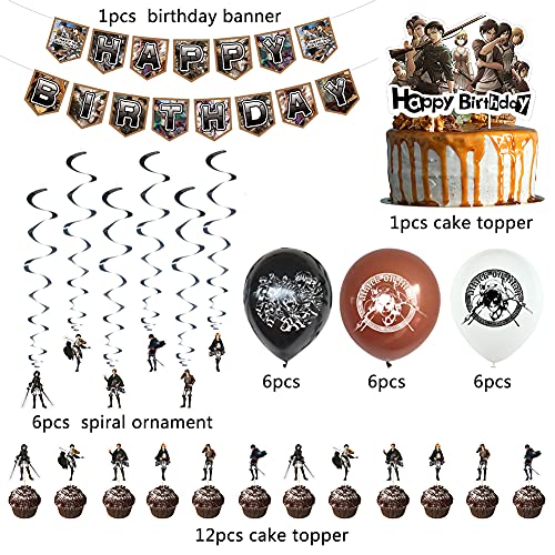 Decoraciones de Fiesta Attack on Titan Theme Party Decoration Set Attack on Titan Game Suministros de Fiesta Incluye Banner de Feliz Cumpleaños Globos Cake Topper para Niños Adolescentes Attack on Tit