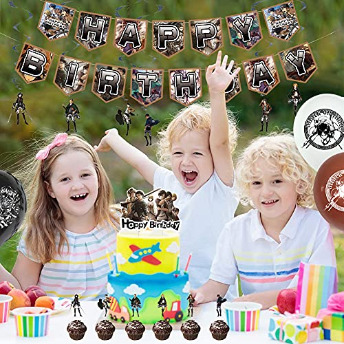 Decoraciones de Fiesta Attack on Titan Theme Party Decoration Set Attack on Titan Game Suministros de Fiesta Incluye Banner de Feliz Cumpleaños Globos Cake Topper para Niños Adolescentes Attack on Tit