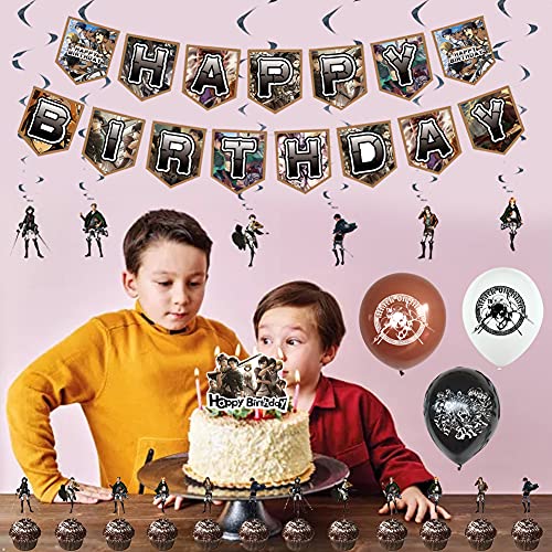 Decoraciones de Fiesta Attack on Titan Theme Party Decoration Set Attack on Titan Game Suministros de Fiesta Incluye Banner de Feliz Cumpleaños Globos Cake Topper para Niños Adolescentes Attack on Tit