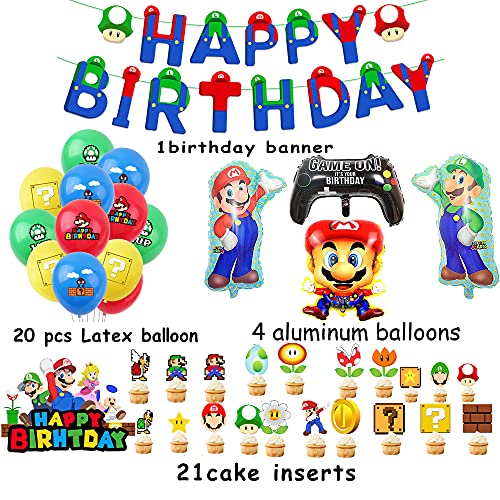 Decoraciones Fiestas Super Mario Globos Mario Bros Banner de Feliz Cumpleaños de Mario Bros Globos de Papel Aluminio de Cumpleaños de Super Mario Decoración para Tarta de Mario Bros