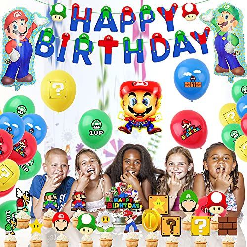 Decoraciones Fiestas Super Mario Globos Mario Bros Banner de Feliz Cumpleaños de Mario Bros Globos de Papel Aluminio de Cumpleaños de Super Mario Decoración para Tarta de Mario Bros
