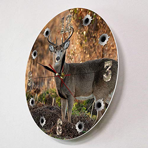 Deer Hunter Camera Sniper Big Buck Reloj de Pared Redondo Decoración de Caza Arte de Animales Salvajes Reloj de Pared de Cabina de Alce Regalos de Caza de ciervos-14inch（34cm）