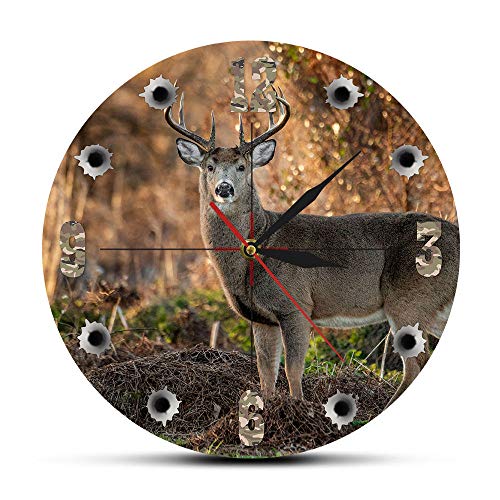 Deer Hunter Camera Sniper Big Buck Reloj de Pared Redondo Decoración de Caza Arte de Animales Salvajes Reloj de Pared de Cabina de Alce Regalos de Caza de ciervos-14inch（34cm）
