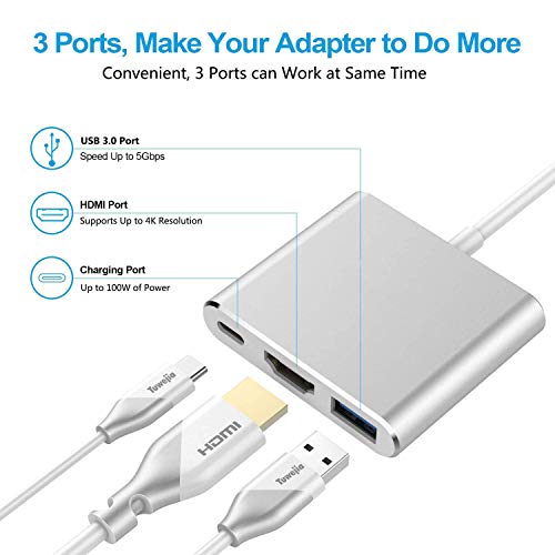 DEMKICO Adaptador USB C a HDMI 4K, adaptador multipuerto tipo C con puerto USB 3.0, adaptador convertidor de puerto de carga tipo C compatible con MacBook, Samsung, Chromebook Pixel y más tipo C