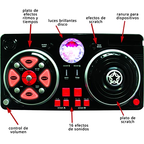 DEQUBE- Mesa Mezclas de DJ con diversas Bases y Efectos, Incluye Bola de Luces Intermitentes de Disco, conexión Bluetooth a Dispositivos, Color Negro, Mediano (916D00040)
