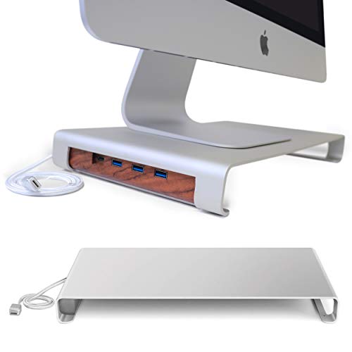 Desire2 Monitor Riser Stand with Type C to 4 Port USB HUB [Output 3X Standard USB 1x Type C] View My Screen At Home Aluminium Riser Desk Stand For iMac, Macbook, Laptop, Notebook, Computers and PC
