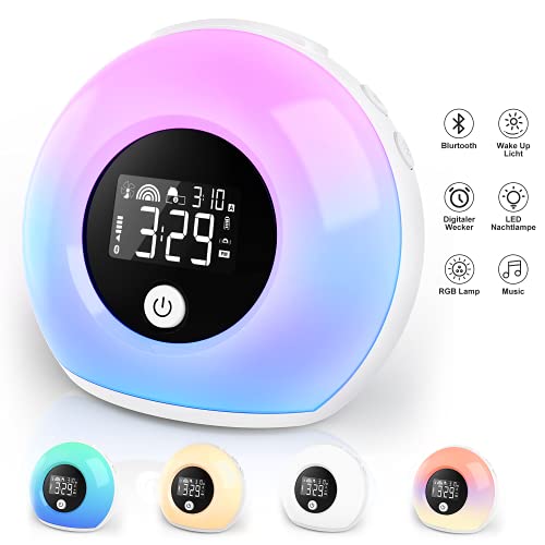 Despertador con luz, despertador con luz, despertador para niños con altavoz Bluetooth, luz nocturna LED con sensor de vibración, multicolor, 4 niveles de luminosidad, adecuado para regalo nocturno
