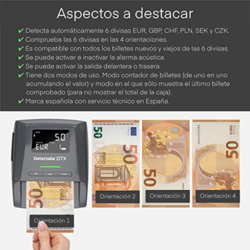 Detectalia D7X - Detector de billetes falsos con 100% detección y reintegro de falsificaciones no detectadas para las divisas EUR, GBP, CHF, PLN, CZK y SEK - 14 x 12 x 6 cm