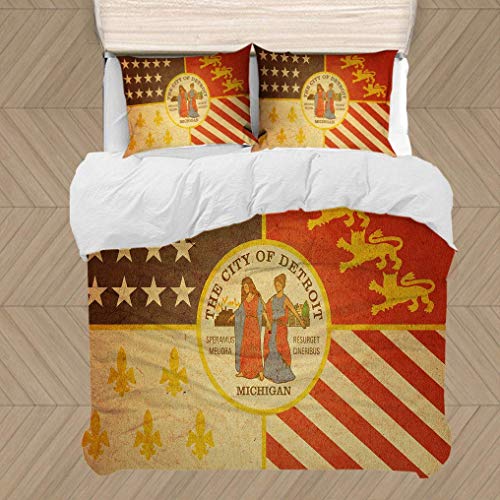 Detroit Juego de funda nórdica, histórico símbolo antiguo de la ciudad de Detroit, aspecto oxidado, símbolos vintage, emblema, estampado, 3 piezas El juego incluye 2 fundas de almohada y 1 funda nórdi