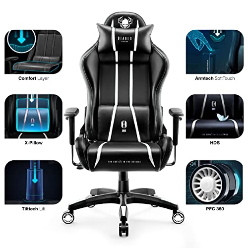 Diablo X-One 2.0 Silla Gaming Gamer Oficina Sillon de Ordenador Reposabrazos Ajustables Cuello/Cojín Lumbar Diseño Ergonómico Negro-Blanco Normal (L)