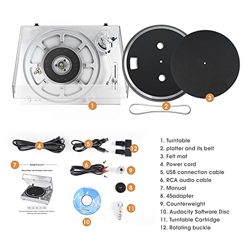 DIGITNOW!HiFi Tocadiscos de Vinilo de Alta fidelidad con Transmision por Correa, Reproductor de Vinilo con Cartucho magnetico, Conversion de Vinilo a Digital Antideslizante y Control de Tono Variable