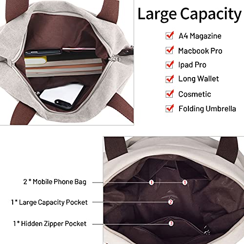 DIRRONA Mujer Lona Bolso de Mano Bolso Bandolera de Lona Colegio Viaje Gran Capacidad Bolsa de Vagabundo Bolsa de Playa Mujer Bolsa de Mensajero Blanco