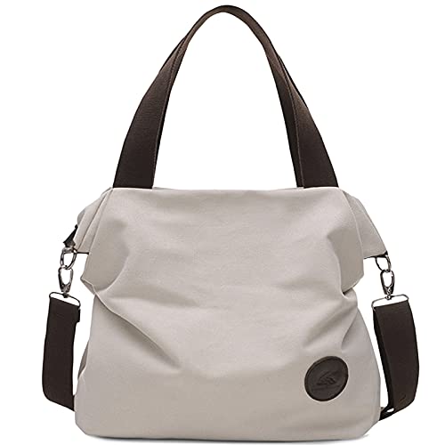 DIRRONA Mujer Lona Bolso de Mano Bolso Bandolera de Lona Colegio Viaje Gran Capacidad Bolsa de Vagabundo Bolsa de Playa Mujer Bolsa de Mensajero Blanco