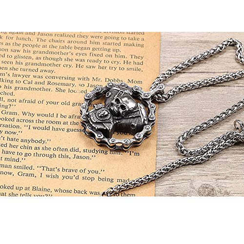 Dixinla Retro Biker Colgante Joyas Skull Engine King Chain, Punk Steam Mecánico de Acero Inoxidable Hip Hop Rock Collar de Regalo, con 3 Mm Cadena de Flores de Trigo Azul,Double Skeleton