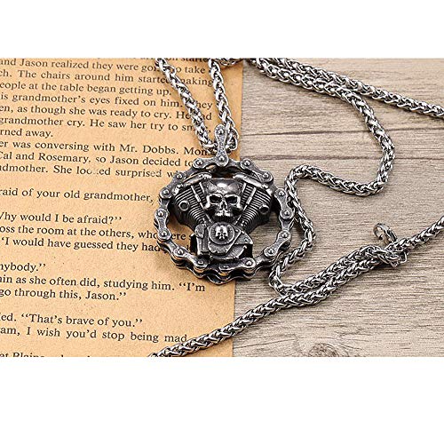 Dixinla Retro Biker Colgante Joyas Skull Engine King Chain, Punk Steam Mecánico de Acero Inoxidable Hip Hop Rock Collar de Regalo, con 3 Mm Cadena de Flores de Trigo Azul,Double Skeleton