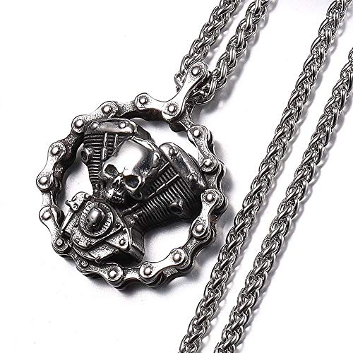 Dixinla Retro Biker Colgante Joyas Skull Engine King Chain, Punk Steam Mecánico de Acero Inoxidable Hip Hop Rock Collar de Regalo, con 3 Mm Cadena de Flores de Trigo Azul,Double Skeleton