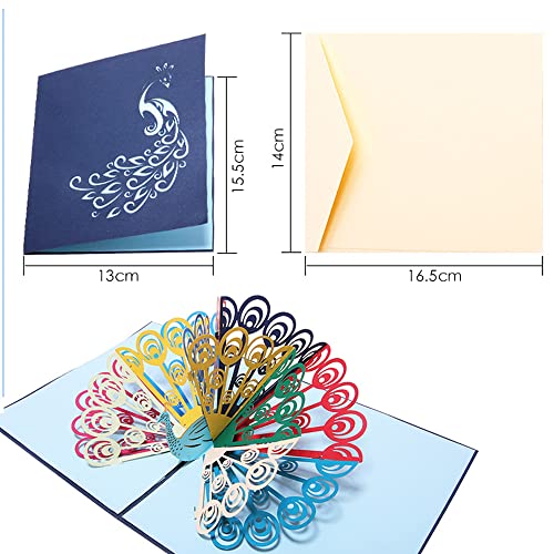 DKE-EU 1 Pieza Tarjeta Emergente 3D Tarjeta de Pavo Real Tarjeta de Cumpleaños 3D Invitación de Boda con Sobre Adecuada para Invitación Gracias Y Bendiciones (13 * 15,5 cm)