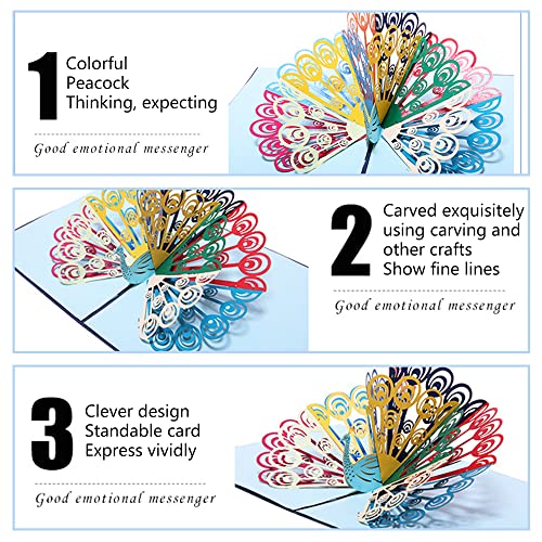 DKE-EU 1 Pieza Tarjeta Emergente 3D Tarjeta de Pavo Real Tarjeta de Cumpleaños 3D Invitación de Boda con Sobre Adecuada para Invitación Gracias Y Bendiciones (13 * 15,5 cm)