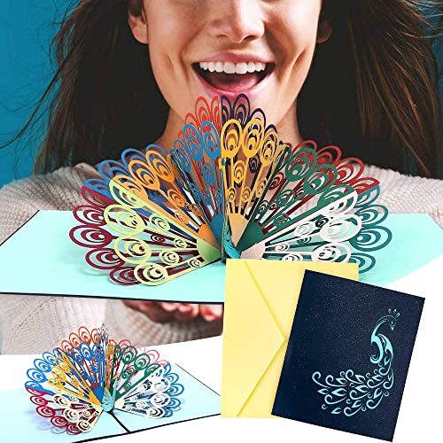 DKE-EU 1 Pieza Tarjeta Emergente 3D Tarjeta de Pavo Real Tarjeta de Cumpleaños 3D Invitación de Boda con Sobre Adecuada para Invitación Gracias Y Bendiciones (13 * 15,5 cm)