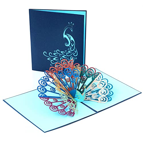 DKE-EU 1 Pieza Tarjeta Emergente 3D Tarjeta de Pavo Real Tarjeta de Cumpleaños 3D Invitación de Boda con Sobre Adecuada para Invitación Gracias Y Bendiciones (13 * 15,5 cm)